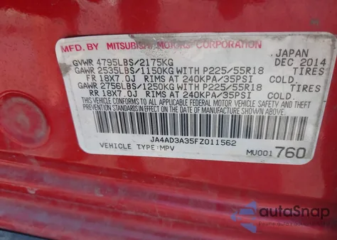 2015 Mitsubishi Outlander Se из США, поврежденный, VIN JA4AD3A35FZ011562